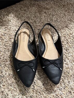 Esprit Black Textured Pointed Slingback Flats with Bow